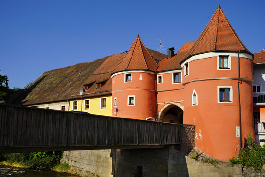 The colorful famous Biertor with the bridge across river Regen in Cham, Bavaria.