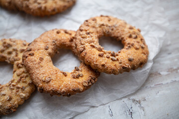 crumble cookies with chocolate on parchment paper. selective focus