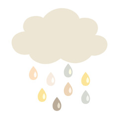 Cute clipart elements of rain cloud with raindrops in neutral, Autumn colours, isolated on white background. Scandinavian, Boho design. Thanksgiving, Fall, celebration,baby shower, nursery decoration.
