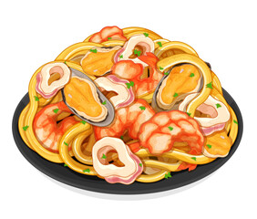 Italian seafood pasta with mussels shrimps and squids. Italian spicy seafood dish food recipe. (mussel, prawn, octopus) Seasoning for seafood pasta spaghetti noodles menu close up illustration vector.