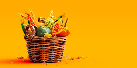 Autumn fruits and vegetables in wooden basket on vibrant yellow background 3D Rendering, 3D...