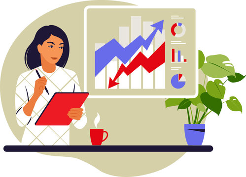 Taking notes concept. Woman taking notes. Flat.