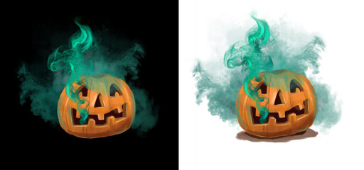 Halloween pumpkin head with colored blue smoke coming out of his face.Halloween vibes on white and black background. Tradition Halloween celebration concept. For spooky holiday
