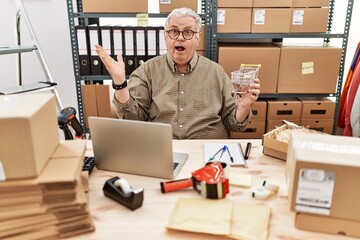 Senior caucasian man working at small business ecommerce holding shopping cart celebrating victory with happy smile and winner expression with raised hands