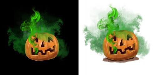 Halloween pumpkin head with colored green smoke coming out of his face.Halloween vibes on white and black background. Tradition Halloween celebration concept. For spooky holiday