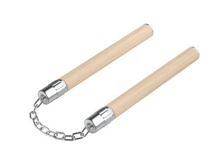 Wooden nunchaku with chain on transparent background