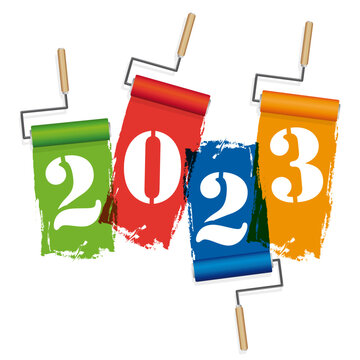 Carte de vœux pour une entreprise de peinture avec l’année 2023 écrite au pochoir avec des rouleaux de peinture de différentes couleurs
