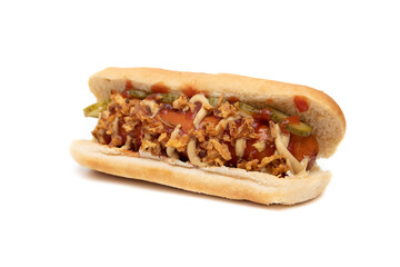 Authentic hot dog, sausage with ketchup and mustard, toasted onions and thinly sliced sweet and...