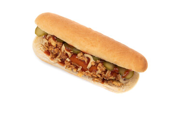 Authentic hot dog, sausage with ketchup and mustard, toasted onions and thinly sliced sweet and sour pickles. Isolated on white background. Fast food concept.