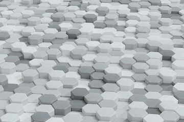 Geometric hexagons white and gray colors, luxury abstract background. 3d rendering illustration.
