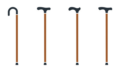 Set of walking cane vector icons. Wooden stick on white background. Cane for elderly, old, aged and disabled person. Vector 10 EPS.
