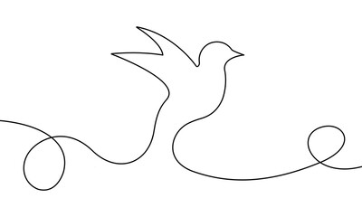 Hand drawn with black line bird. Continuous line with flying bird on white background. Single outline animal. Vector 10 EPS.
