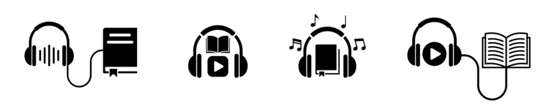 Set of audiobook  vector icons. Audiobook and headphones. Listen book. Modern learning. Online library. Vector 10 EPS.