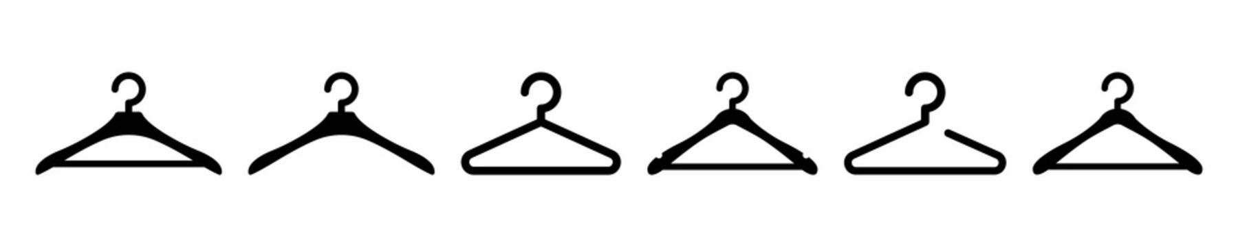 Set of clothes hanger vector icons. Hanger for cloakroom or closet. Hang for coat, shirt or suit. Vector 10 EPS.