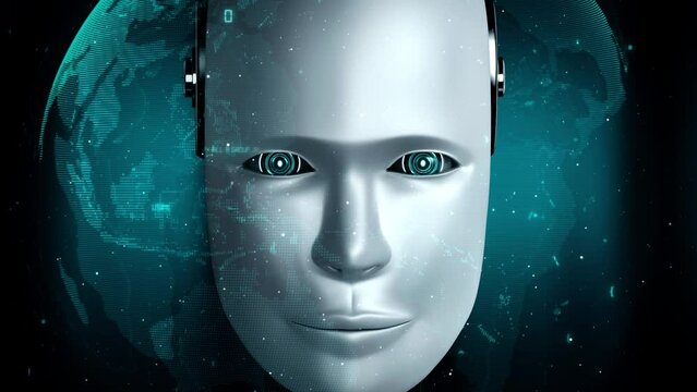 Futuristic robot artificial intelligence huminoid AI programming coding technology development and machine learning concept. Robotic bionic science research for future of human life. 3D rendering.