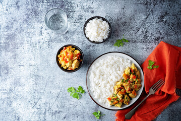 Curry chicken with rice in a plate