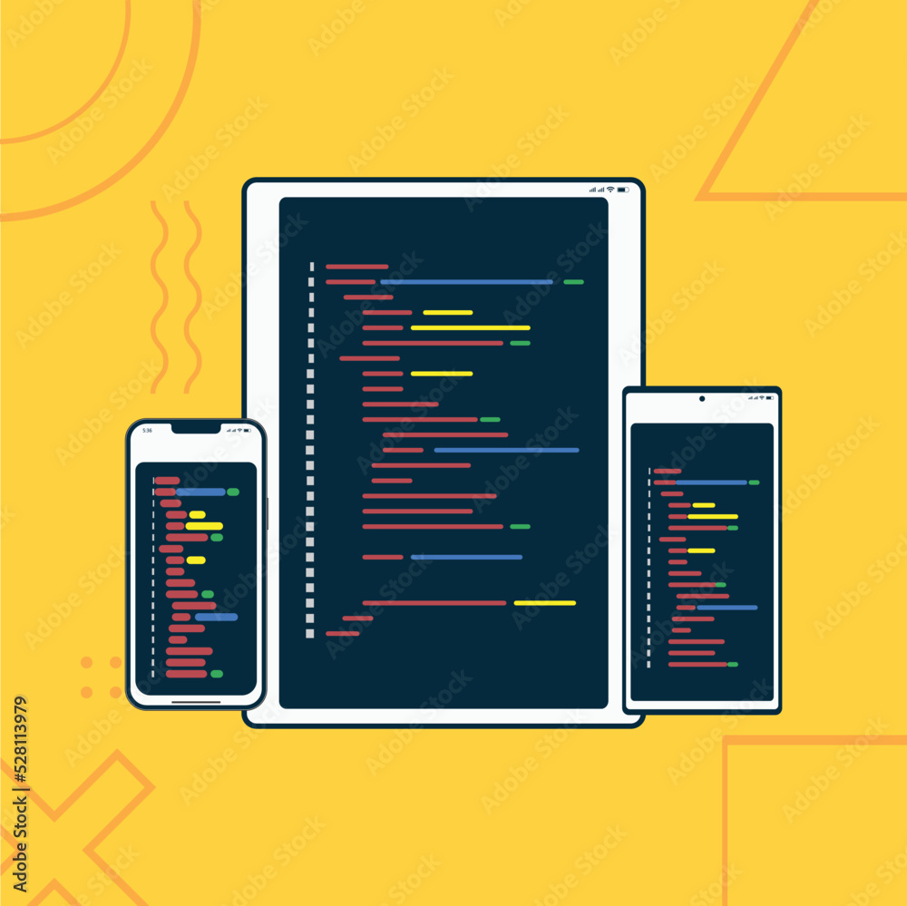 Wall mural yellow square background with 3 screens of programming. vector