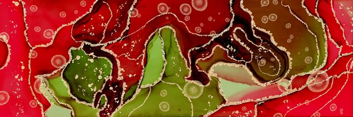 Deep red areas and goldden dust with lines and orbs on Alcohol ink fluid abstract texture fluid art with gold glitter and liquid.