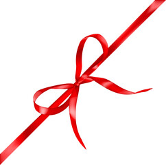 Red bow made of narrow diagonal ribbon