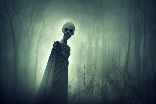 A computer illustration of scary female banshee spirit figure ghost against a gloomy misty sky background and branches foreground. A.I. generated art.