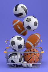 Set of ball like basketball, football and golf in shopping basket on violet