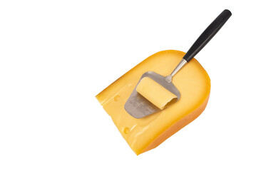 Piece of Cheese and cheese knife slicer isolated on white background, isolated