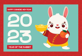 Happy chinese New Year 2023, year of the Rabbit. Celebration banner with rabbit zodiac and symbols of prosperity and wealth