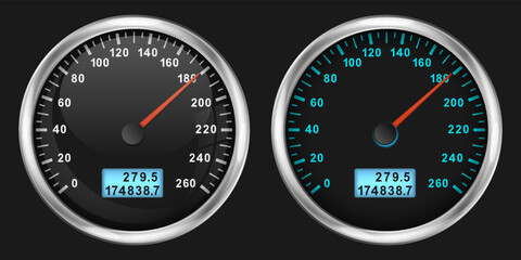 Realistic speedometer. Realistic glossy rounded buttons with speedometer. Vector illustration.