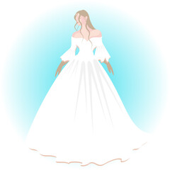 Digital illustration of a bride in a fluffy white wedding dress with her hair loose on her shoulder and wearing a pair of gloves in her hands.