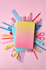 Pink notebooks and school supplies products accessories isolated on pastel background, trendy flatlay, top view. Stationery accessories stuff equipment for education. Back to school concept.