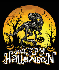 Happy Halloween Dinosaur Skelton T Shirt, Happy Halloween Retro Vintage Shirt, Halloween Forest Pumpkin Face Shirt Print Template
