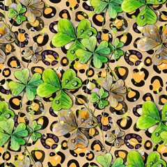 Seamless pattern with three-leaved shamrocks, Lucky Irish Four Leaf Clover in the Field for St. Patricks Day holiday symbol on leopard background