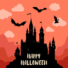 Holiday card with amazing view of castle, bats in sky and text Happy Halloween. Dark gothic picture made up of medieval chateau and bats under orange cloudy sky before sunrise as postcard or poster.
