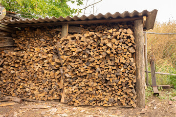 Background of firewood from chopped wood for kindling and heating the house. Woodpile with stacked firewood