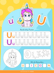 The education worksheet for kids with a unicorn and   letters