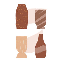 Vector illustration with abstract textured ceramic vases on isolated background. Hygge autumn pottery concept