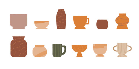 Set of different abstract ceramic vases. Vector illustration on isolated background. Hygge autumn pottery concept