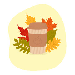 Vector flat illustration of a glass of pumpkin spice latte. A paper cup for coffee will suit modern