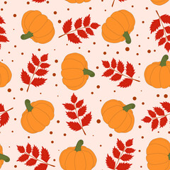 Seamless pattern of autumn pumpkins and leaves. Ripe juicy pumpkins and falling leaves.