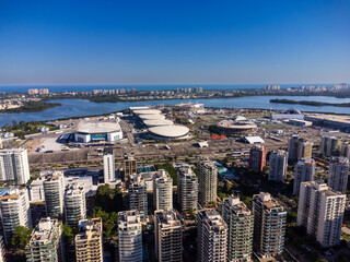 Aerial view of the Rock in Rio 2022 music festival at Barra da Tijuca Olympic Park in Rio de Janeiro. Jacar&eacute;pagu&aacute; Lagoon and surrounding buildings. Rio de janeiro Brazil. September 2022. Drone photo.