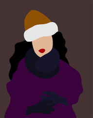 Vector simple portrait of black-haired woman with red lips in winter hat and gloves on dark background.