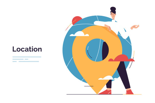 Vector illustration depicting a woman leaning on a location sign