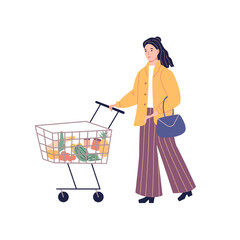 A young woman is shopping in a store. Flat cartoon vector illustration.