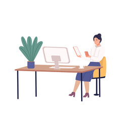 The girl works at a computer from home at a table. The daily routine and daily activities of young women waste time. Flat vector illustration