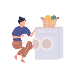 Woman doing laundry putting dirty clothes on washing machine from basket, Flat cartoon vector illustration.