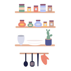 set of kitchen utensils on a shelf. Jars, plate, cactus, slotted spoon, ladle and mittens for hot. Cartoon vector illustration.
