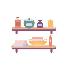 set of kitchen utensils on a shelf. Jars, plate, cactus, slotted spoon, ladle and mittens for hot. Cartoon vector illustration.