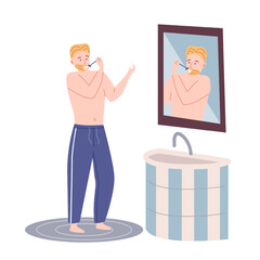 Man cleansing and brushing their teeth. Everyday personal care, morning routine, skincare daily routine. Flat cartoon vector illustration