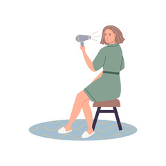 Cute young woman standing in front of mirror combing and drying her hair. vector cartoon illustration.