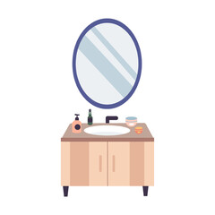 Washbasin with mirror and Bottles with cleansing and moisturizing cosmetics products on bathroom